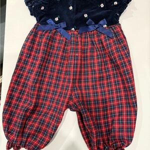 Vintage Blue Velvet and Plaid Red baby girl Romper